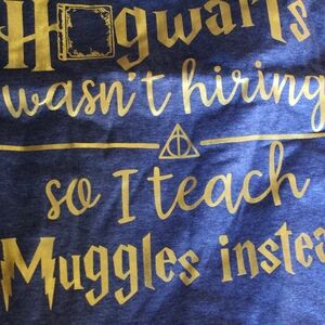 Harry Potter Blue Graphic Tee with Gold Hogwarts-inspired Print